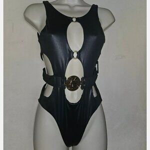 Honey Birdette Miami Playsuit in Black one-piece wet look swimsuit sz Small NWT
